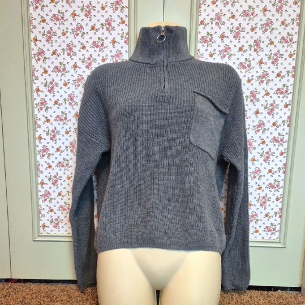 Softome Gray Ribbed Zip-up Turtleneck Sweater Size Medium